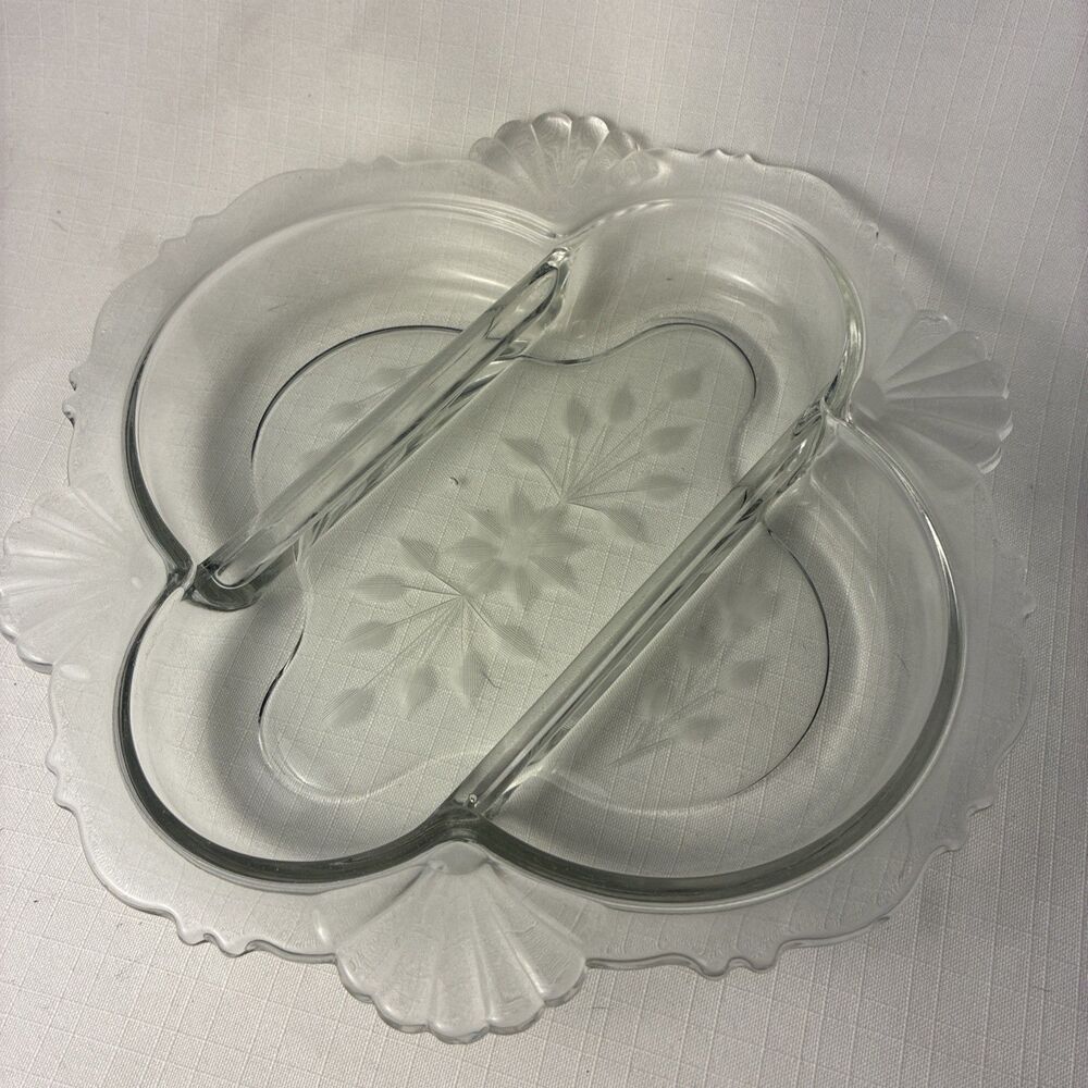 Tiffin 3 Part Divided Relish Tray Dish Etched Flowers Glass